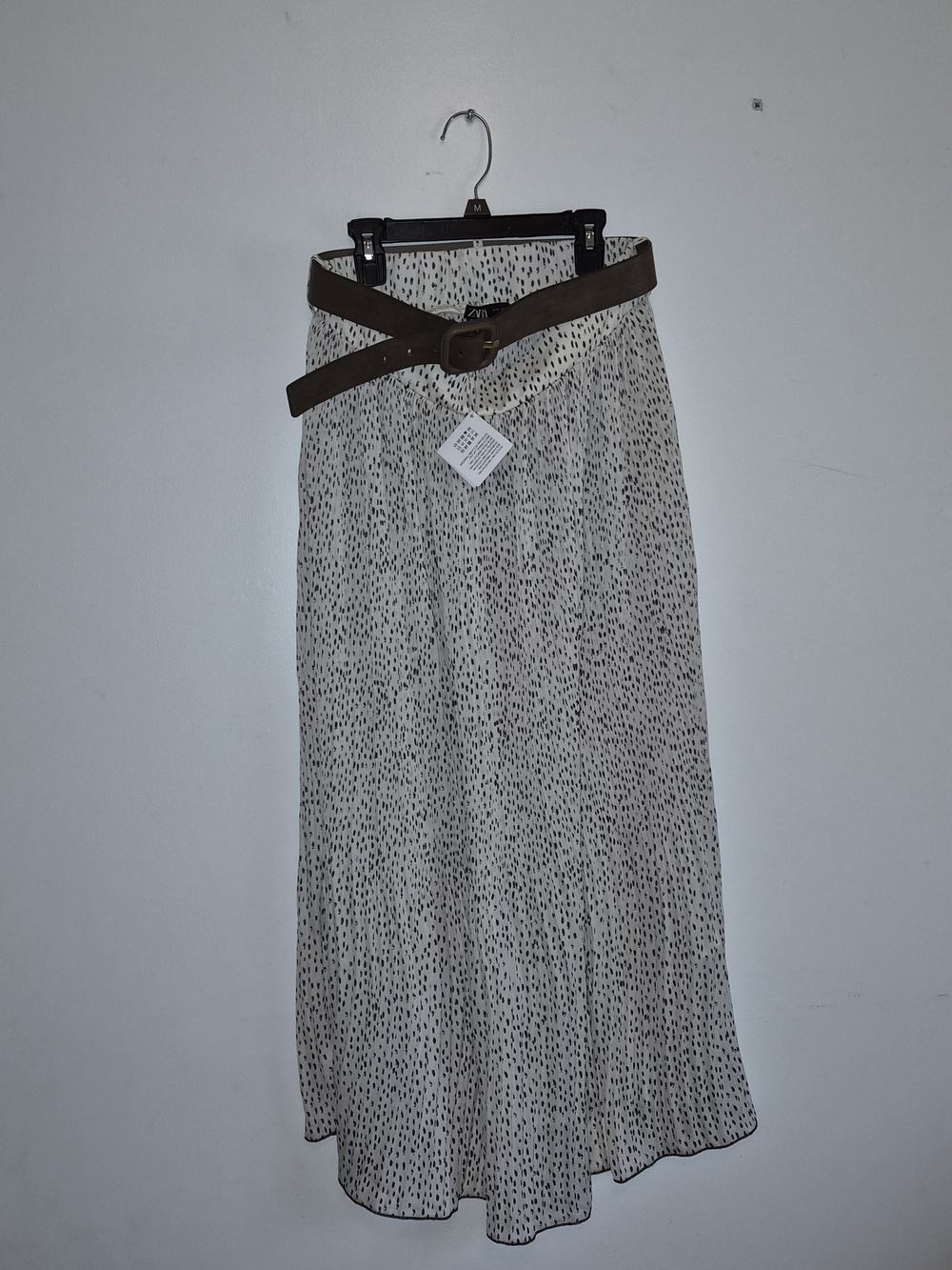 Zara Cream and Black Speckled Maxi Skirt with Brown Belt